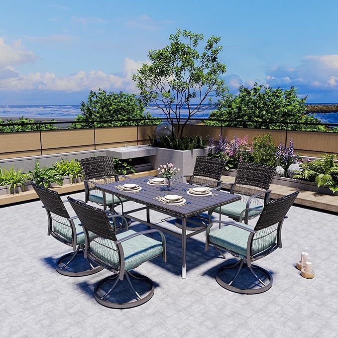 Pamapic 7 Piece Patio Dining Set for 6,Outdoor Wicker Furniture Set for Backyard Garden Deck Poolside with 6 Cushions Swivel Rocker Chairs,Iron Slats Table Top, Removable Cushions(Green)