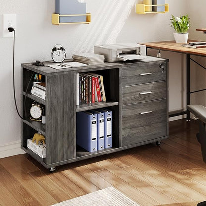 YITAHOME 3 Drawer File Cabinet with Charging Station, Home Office Furniture, Grey