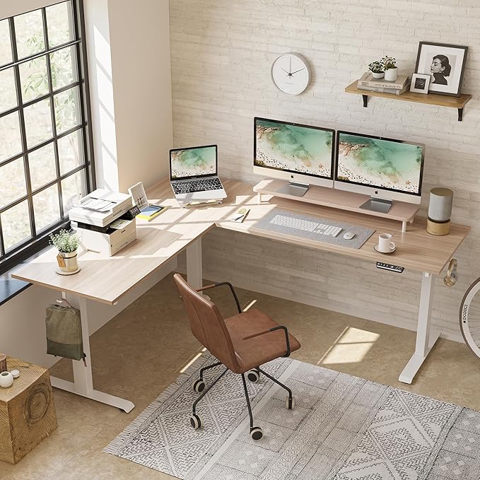 FEZIBO 75 Inches Triple Motor L Shaped Standing Desk Reversible, Electric Height Adjustable Corner Stand up Desk, Sit Stand Desk Computer Workstation, White Frame/Light Walnut Top