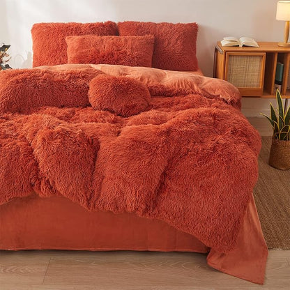 Fluffy Orange Comforter Cover Set Queen - Ultra Soft Plush Burnt Orange Bedding Sets 3 Pieces (1 Faux Fur Duvet Cover + 2 Faux Fur Pillow case) Boho Orange Queen Bed Sets (Dark Orange, Queen)