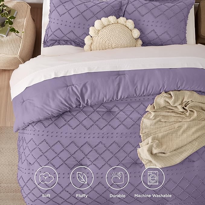 Bedsure Queen Comforter Set - Grayish Purple Comforter, Boho Tufted Shabby Chic Bedding Comforter Set, 3 Pieces Farmhouse Bed Set for All Seasons, Fluffy Soft Bedding Set with 2 Pillow Shams