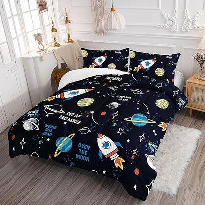 Datura home Space Ship Galaxy Comforter Set Astronaut Rocket Printed Quilt Bedding with 1 and 2 Pillowcases for Boys Girls Bedroom All Season(Space Full), A-space, Full 80x90inches