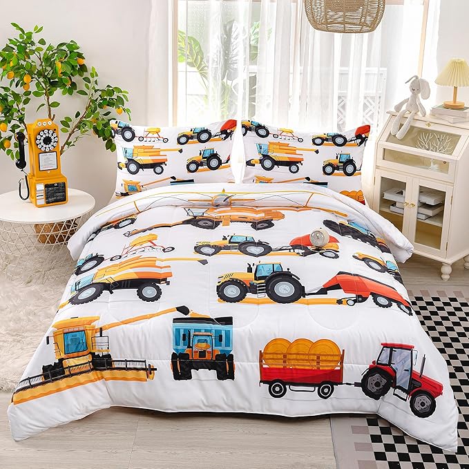 CVHOUSE Tractor Bedding Sets for Boys,Excavators Comforter Queen,Boys Cartoon Truck Comforter Set,Trucks Tractors Cars Quilt Set with 1 Comforter and 2 Pillow Cases- 3 Piece