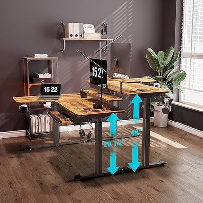 EUREKA ERGONOMIC Standing Desk with Keyboard Tray, Computer Desk, 61" L Shaped Electric Adjustable Height Desk w Monitor Stand LED, Corner Sit Stand Desk Gaming Desk, Dual Motor,Right/Rustic Brown