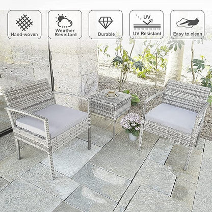 3 Pieces Patio Furniture Set, Balcony Furniture, Patio Bistro Set All-Weather Wicker Chairs Conversation Set with Cushions Table for Outdoor Backyard Porch Lawn (Grey-Grey)