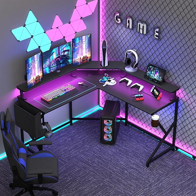 Wonder Comfort L Shaped 51 Inch Computer Desk with LED Lights，Corner Gaming Table Cup Holder Power Outlets/Monitor Stand for Home Office, Black
