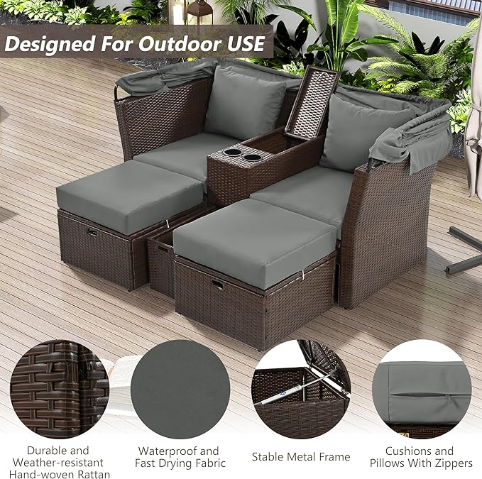2-Seater Outdoor Patio Convertible Sunbed, All Weather Rattan Double Daybed Couch Foldable Awning, Cushions and Storage Boxes, Loveseat Sofa Set for Garden, Poolside, Balcony, Ab-Aa-Grey