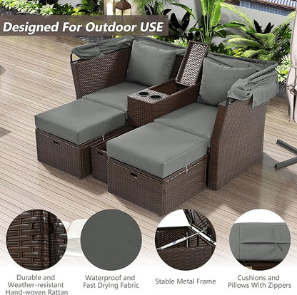 2-Seater Outdoor Patio Convertible Sunbed, All Weather Rattan Double Daybed Couch Foldable Awning, Cushions and Storage Boxes, Loveseat Sofa Set for Garden, Poolside, Balcony, Ab-Aa-Grey