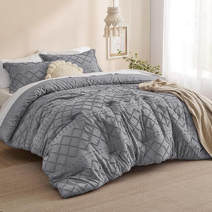 Bedsure Full Size Comforter Set - Grey Comforter, Boho Tufted Shabby Chic Bedding Comforter Set, 3 Pieces Vintage Farmhouse Bed Set for All Seasons, Fluffy Soft Bedding Set with 2 Pillow Shams