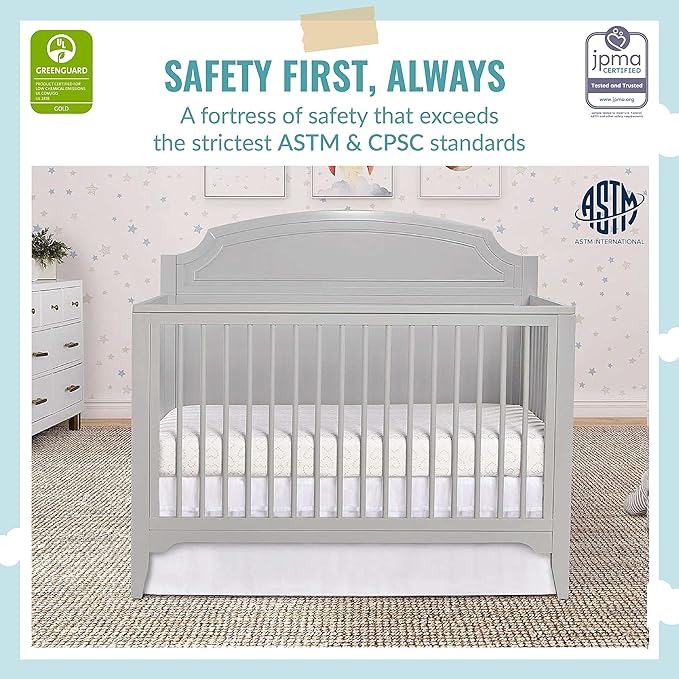 JPMA & Greenguard Gold Certified Milton 5-in-1 Convertible Crib Made with Sustainable New Zealand Pinewood in Pebble Grey, Non-Toxic Finish
