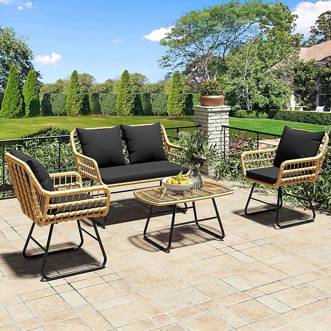 YITAHOME 4-Piece Patio Furniture Wicker Outdoor Bistro Set, All-Weather Rattan Conversation Loveseat Chairs for Backyard, Balcony and Deck with Soft Cushions and Metal Table (Light Brown+black)
