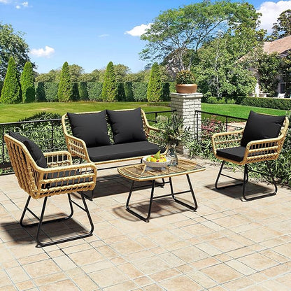 YITAHOME 4-Piece Patio Furniture Wicker Outdoor Bistro Set, All-Weather Rattan Conversation Loveseat Chairs for Backyard, Balcony and Deck with Soft Cushions and Metal Table (Light Brown+black)