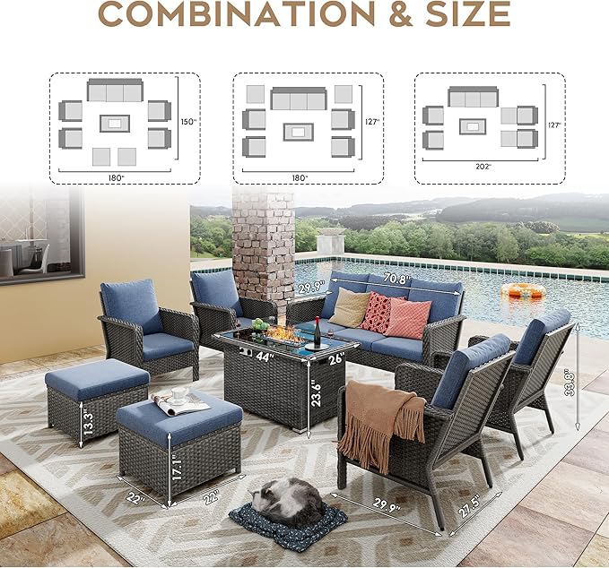 Yechen Patio Conversation Set 9 Seats with 44" Propane Gas Fire Pit Table - 8 Pcs Outdoor Wicker Furniture Set with Lid & Wind Shields - Sectional Sofa Set for Porch,Backyard