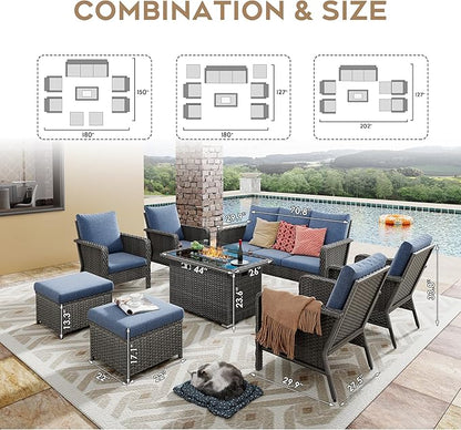 Yechen Patio Conversation Set 9 Seats with 44" Propane Gas Fire Pit Table - 8 Pcs Outdoor Wicker Furniture Set with Lid & Wind Shields - Sectional Sofa Set for Porch,Backyard