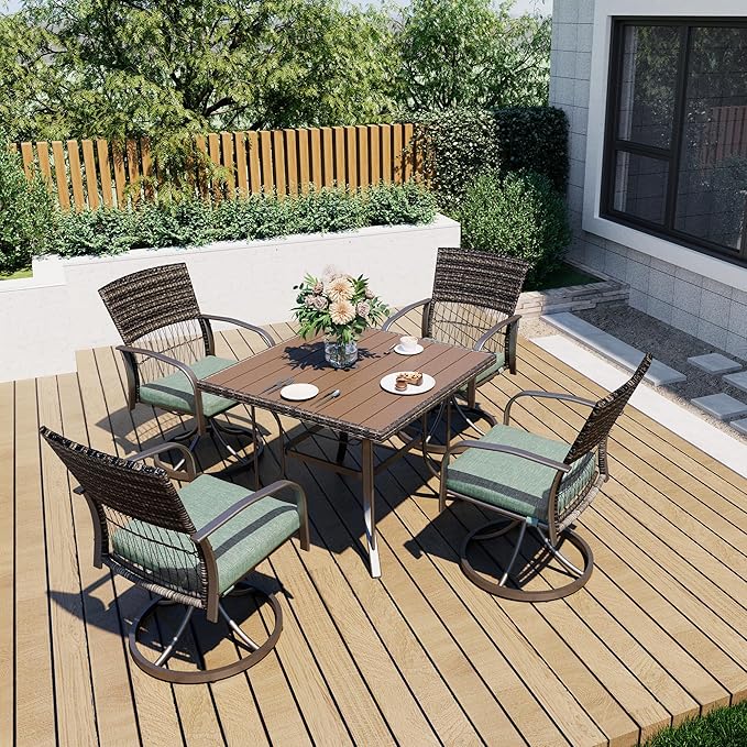 Pamapic 5 Piece Outdoor Dining Set, Rattan Outdoor Patio Furniture Set for Deck Backyard with Plastic-Wood Outdoor Dining Table, 4 Swivel Outdoor Dining Chairs and Removable Cushions (Green)