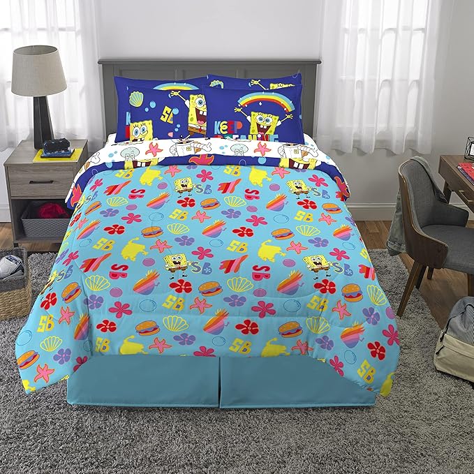 Franco Kids Bedding Super Soft Comforter and Sheet Set with Sham, 7 Piece Full Size, Spongebob Squarepants