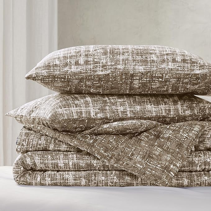 Hyde Lane Comforter King Size for Men, Taupe Modern Farmhouse Aesthetic Soft Bedding Set, Masculine Plaid Lines Pattern Bed Sets for All Season, 3 Pieces includes 1 Comforter, 2 Shams (104"x 90")