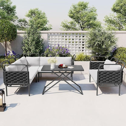 5-Piece Outdoor Patio Sectional L-shaped Sofa Set, Woven Rope Conversation Furniture with Loveseat, Corner Couch, Glass Coffee Table and Removable Cushions, Onesize, Black+Gray