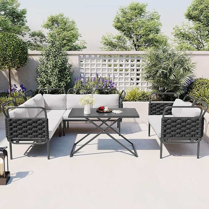 5-Piece Outdoor Furniture Sectional Conversation Sofa Set with Loveseat, Glass Table and Removable Cushions, All Weather Patio Woven Rope L-Shaped Couch for Garden Backyard, Black+Gray