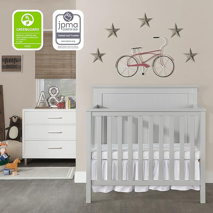 Ava 4-in-1 Convertible Mini Crib in Pebble Grey, 635-PG, Greenguard Gold Certified, Non-Toxic Finish, Comes with 1" Mattress Pad, with 3 Mattress Height Settings