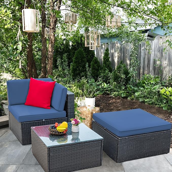 Greesum 3 Piece Patio Conversation Set Wicker Rattan Furniture Outdoor Sofa with Cushions,Pillows & Glass Table for Porch,Lawn and Yard, Dark Blue