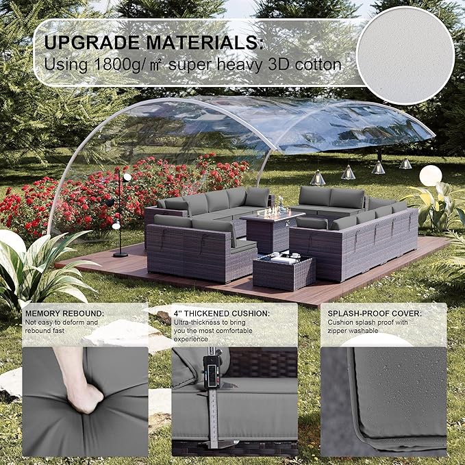 Kullavik 15PCS Outdoor Patio Furniture Set with 43" 55000BTU Gas Propane Fire Pit Table PE Wicker Rattan Sectional Sofa Patio Conversation Sets for Backyard,Grey Cushions