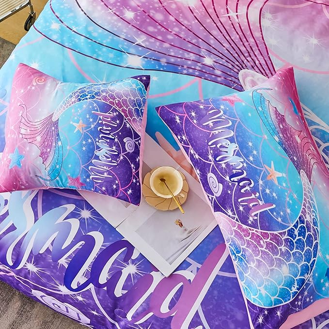 RYNGHIPY Mermaid Comforter Set 6Pcs, Kids Gilrs Bed in a Bag Full Size, Mermaid Tail Print Teens Girls Bedding Set, Rainbow Bedding Collections