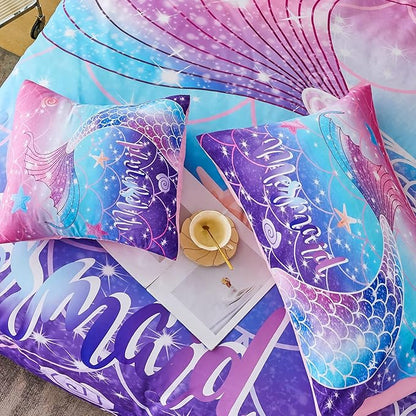RYNGHIPY Mermaid Comforter Set 6Pcs, Kids Gilrs Bed in a Bag Twin Size, Mermaid Tail Print Teens Girls Bedding Set, Rainbow Bedding Collections