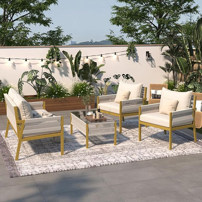 4-Piece Patio Conversation Furniture Set, Rope Weave Outdoor Loveseat Sofa with 2 Armchairs, Thick Cushion&Tempered Glass Table, for Garden Backyard, Onesize, Beige+Mustard Yellow