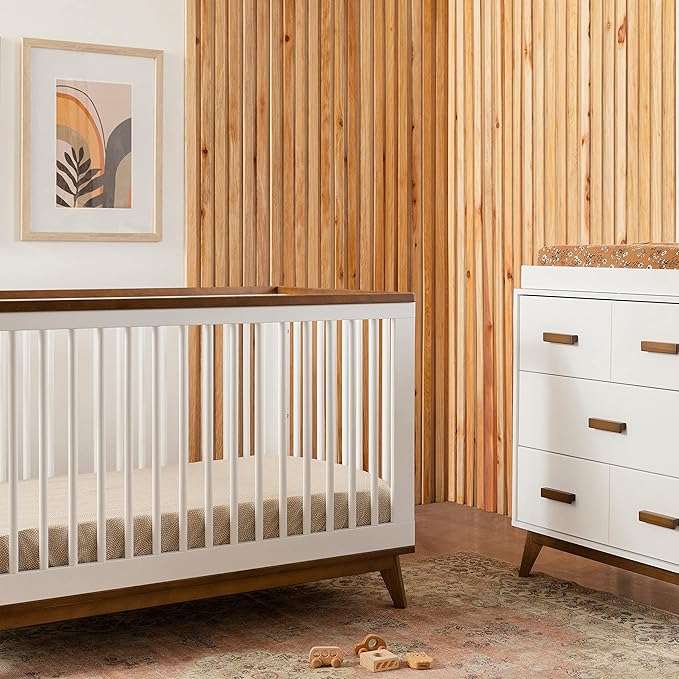 Babyletto Scoot 3-in-1 Convertible Crib with Toddler Bed Conversion Kit in White and Natural Walnut, Greenguard Gold Certified