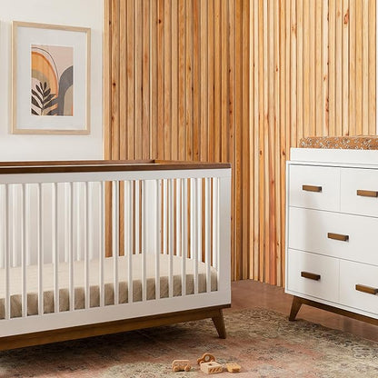 Babyletto Scoot 3-in-1 Convertible Crib with Toddler Bed Conversion Kit in White and Natural Walnut, Greenguard Gold Certified