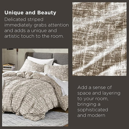 Hyde Lane Full/Queen Comforter Set, Taupe Boho Modern Aesthetic Soft Bedding, Plaid Lines Pattern Neutral Bed Sets for All Season, 3 Pieces includes 1 Comforter, 2 Shams (90"x 90")
