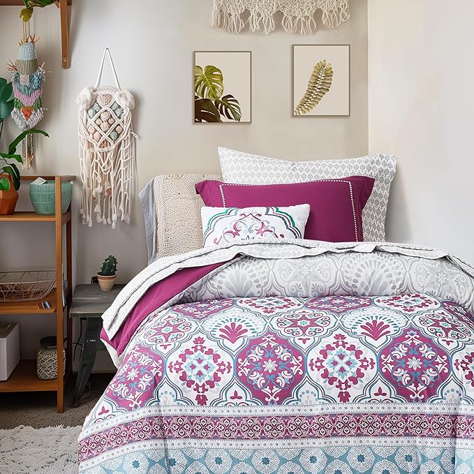 Degrees of Comfort Twin XL Complete Comforter Sets, Lattice Boho Bed in A Bag,Microfiber Bedding Set with Side Pockets, Matching Decorative Pillow, 6 Piece Purple