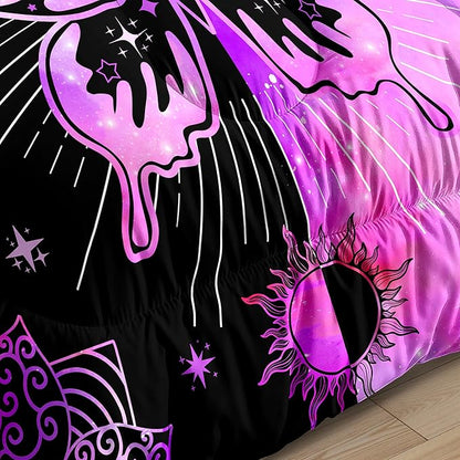 Butterfly Comforter Set for Girls Women, Butterfly Bed Set, Boho Butterflies with Sun and Moon Printed Bedding Sets, Black Purple Butterfly Comforter Set Full Size with 2 Pillowcases
