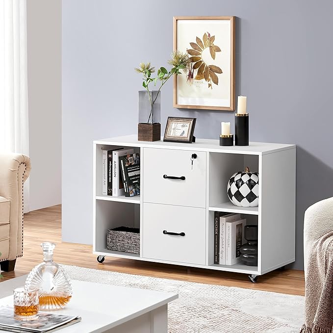 Yaheetech White File Cabinet Mobile Letter Size File Cabinet with 2 Drawers and 4 Open Storage Shelves Large Mobile Lateral Filing Cabinet Printer Stand for Home and Office