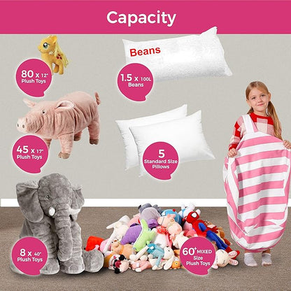 Aubliss Stuffed Animal Bean Bag Storage Chair, Beanbag Covers Only for Organizing Plush Toys, Turns into Bean Bag Seat for Kids When Filled, Medium 32"-Canvas Stripes Pink/White