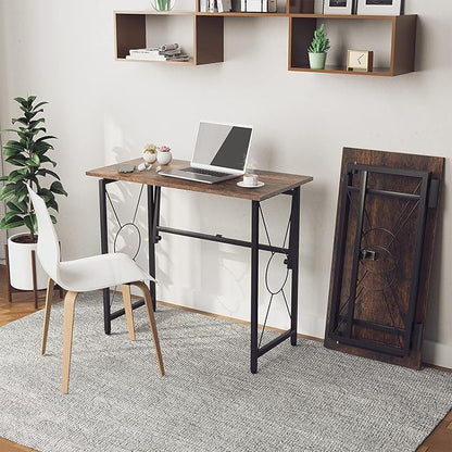 31.5" Computer Desk for Small Place, Foldable Desk Home Office Desk, Black Metal Frame, Modern Industrial Style Study Writing Table, No Assembly Required, Rustic Brown