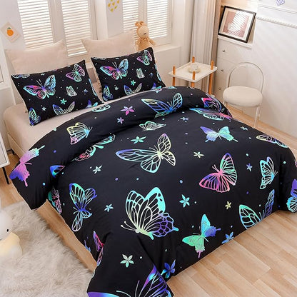 Btargot 3 Piece Butterfly Pattern Girls Comforter Set with 2 Pillow Covers, Gradient Line Rainbow Printed Bedding Set for Women, Queen Black
