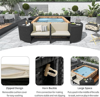 Outdoor Spa Surround Set Patio Furniture with Storage Space, Wood Seatings and Waterproof Cushions, Quadrilateral Rattan Sectional Sofa, for Backyard Deck Poolside, Onesize, Beige