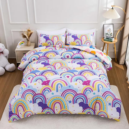 Btargot Lightweight Soft 3 Piece Rainbow Comforter Set with 2 Pillow Covers, Cartoon Love Hearts Flowers and Sun Star Bedding Set for Girls Boys Kids,Full Light Purple