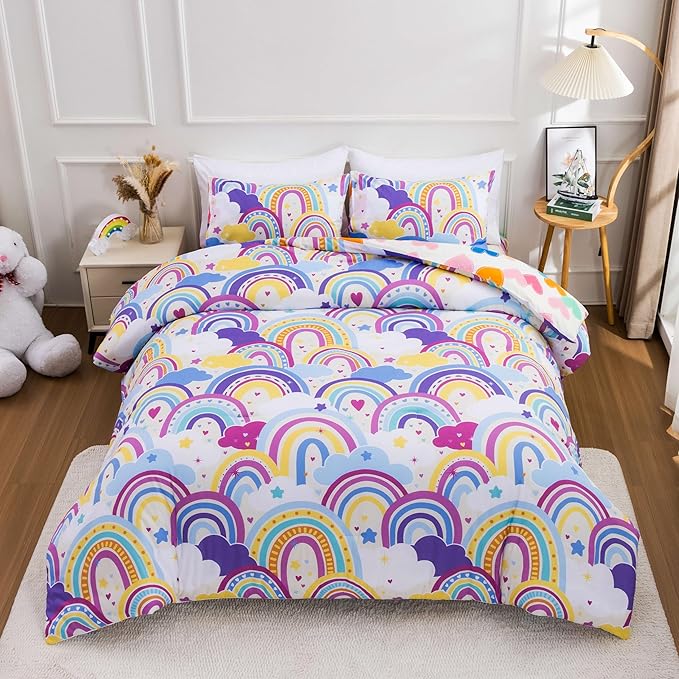 Btargot Lightweight Soft 3 Piece Rainbow Comforter Set with 2 Pillow Covers, Cartoon Love Hearts Flowers and Sun Star Bedding Set for Girls Boys Kids,Queen Light Purple