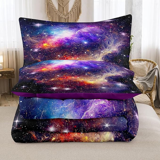 Tailor Shop Galaxy Comforter Space Kids Bedding Set Full Size, Purple Comforter for Girls with 2 Pillowcase