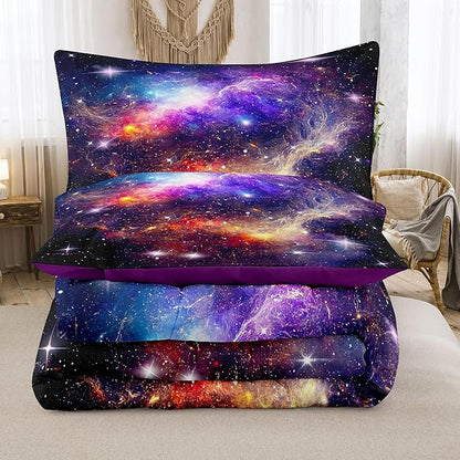 Tailor Shop Galaxy Comforter Space Kids Bedding Set Full Size, Purple Comforter for Girls with 2 Pillowcase