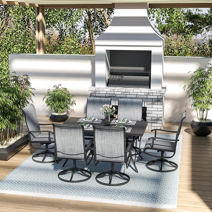 Pamapic 7 Pieces Patio Dining Set, Outdoor Dining Set All-Weather for Backyard Poolside Garden Deck, Modern Outdoor Table and Chairs Set with 6 Textilene Swivel Chairs,Gray