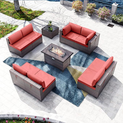Kullavik 10 Pieces Outdoor Patio Furniture Set with 43" Gas Propane Fire Pit Table PE Wicker Rattan Sectional Sofa Patio Conversation Sets,Red