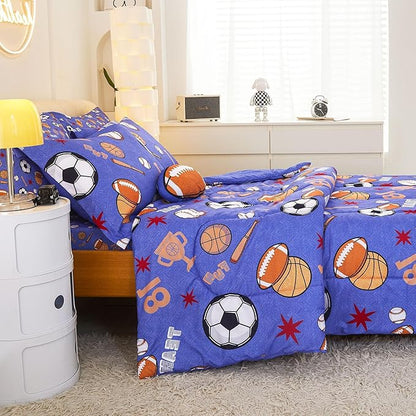 Mooreeke Bed in a Bag for Kids Boys Teens, 8 Pieces Full Size Comforter Bed Set with Shams, Sheet Set and Decorative Toy Pillow, Balls Blue Super Soft Microfiber Kids Comforter Bedding Set