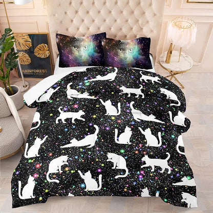 Tailor Shop Cat Comforter Set for Kids Boys Girls Teens Cute Cartoon Cat Galaxy Bedding Sets Black Dreamy Outer Space Full Size with 1 Comforter 2 Pillow Shams