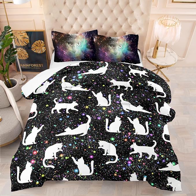 Tailor Shop Cat Comforter Set for Kids Boys Girls Teens Cute Cartoon Cat Galaxy Bedding Sets Black Dreamy Outer Space Queen Size with 1 Comforter 2 Pillow Shams………