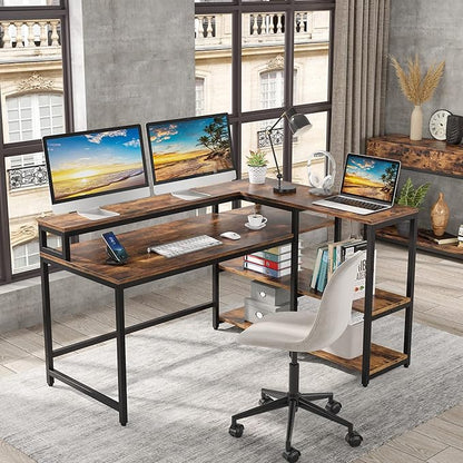 Reversible L Shaped Computer Desk with Storage Shelf, Industrial Corner Desk with Monitor Stand for Home Office