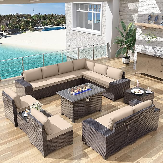 Patio Furniture Sectional Sofa Set 13-Pieces PE Rattan Patio Conversation Set w/43in Gas Fire Pit Table, Outdoor Furniture with 55000 BTU Propane Fire Pit, Sand